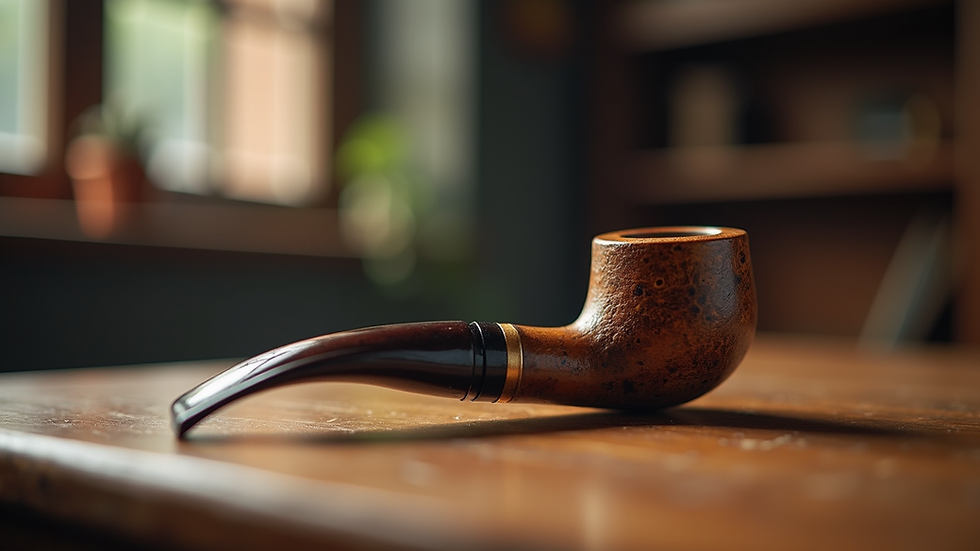 Eye-level view of a vintage smoking pipe displayed on a wooden table