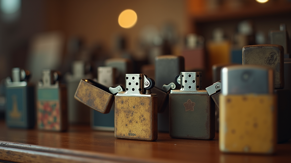 Eye-level view of vintage lighter collection on display
