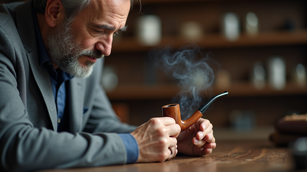 Close-up view of a professional appraiser examining a vintage smoking pipe