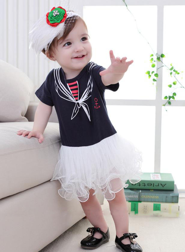 嬰兒短袖海軍女童紗裙連身衣