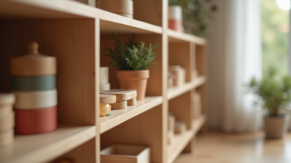 Close-up view of Montessori learning materials arranged neatly on shelves