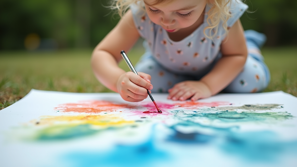 Close-up of a child painting with watercolors on a large sheet of paper outdoors