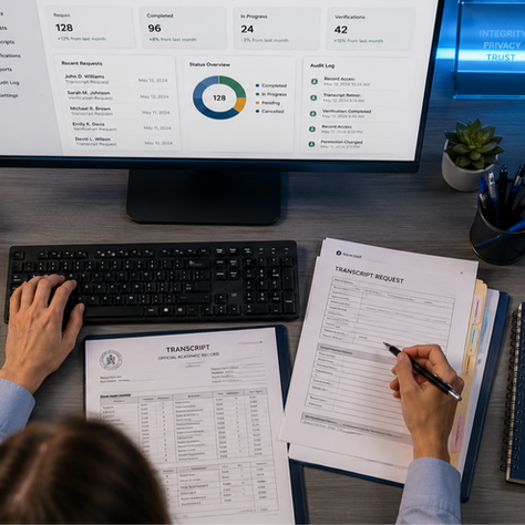 Overhead view of a registrar workspace with digital student records dashboard, transcript documents, and FERPA compliance workflow materials.