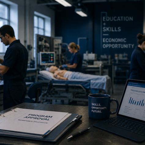 Students participate in hands-on workforce training across electrical, healthcare, and technical education workstations in a modern vocational training center.