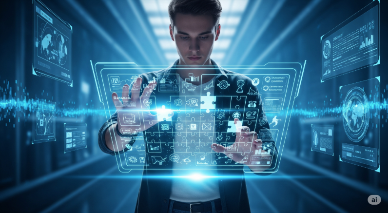 A person interacts with a futuristic digital touchscreen displaying icons and data in a blue-lit corridor, focused and engaged.