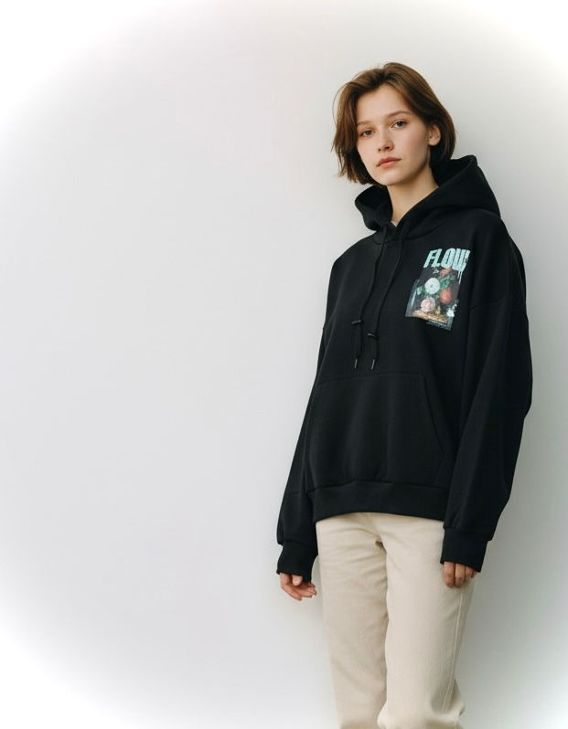 Thumbnail: WOMEN FLOWERED HOODIE- BLACK