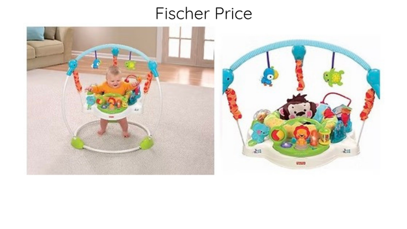 Bebê utilizando jumper pula-pula com brinquedos coloridos e assento giratório