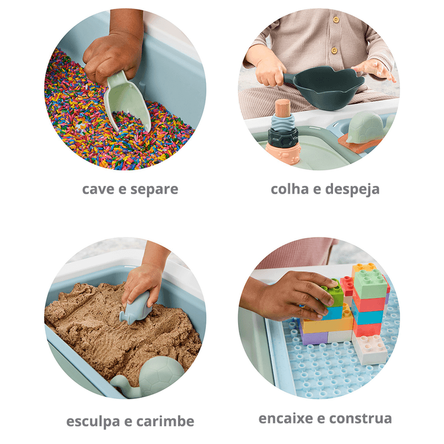 Mesa sensorial com materiais como arroz e massinha para desenvolvimento infantil