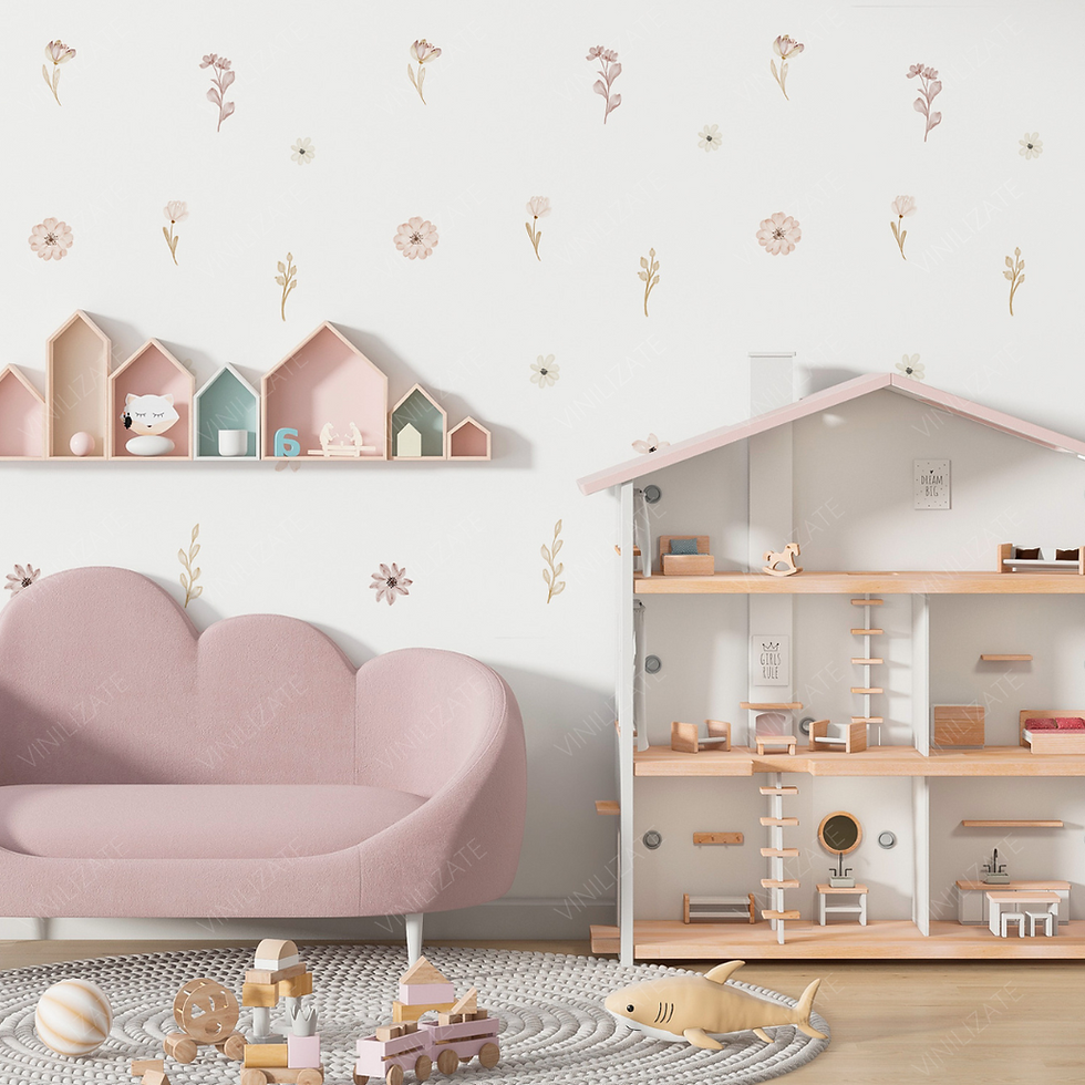 Miniatura: Vinil flores delicadas beige rosado | Decoración pared infantil moderna