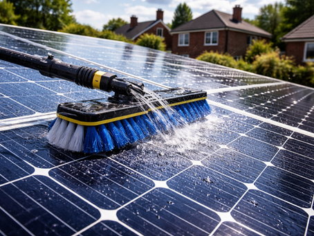 A close-up of a residential solar panel being cleaned with a soft brush and water on a sunny day in a British suburb, water droplets visible on the panel surface, clean and professional look