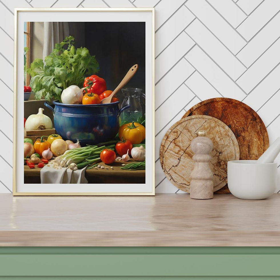 Framed still life print of vegetables