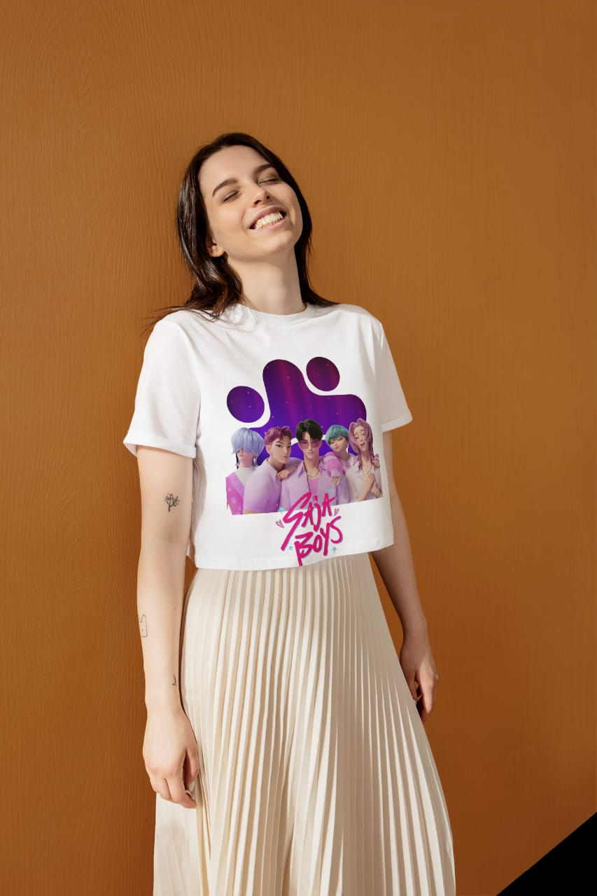 Woman smiling, wearing Stray Kids crop tee