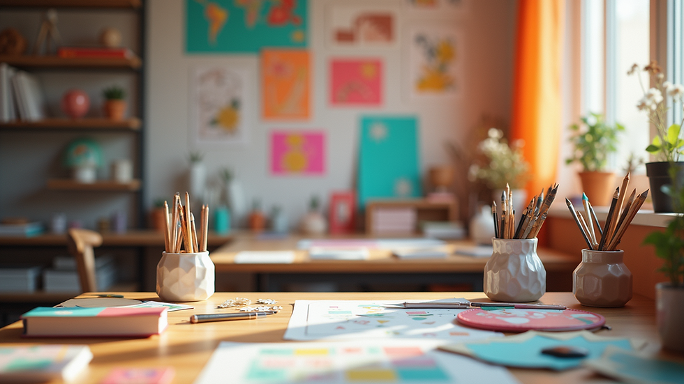 Eye-level view of a vibrant design studio filled with creative materials