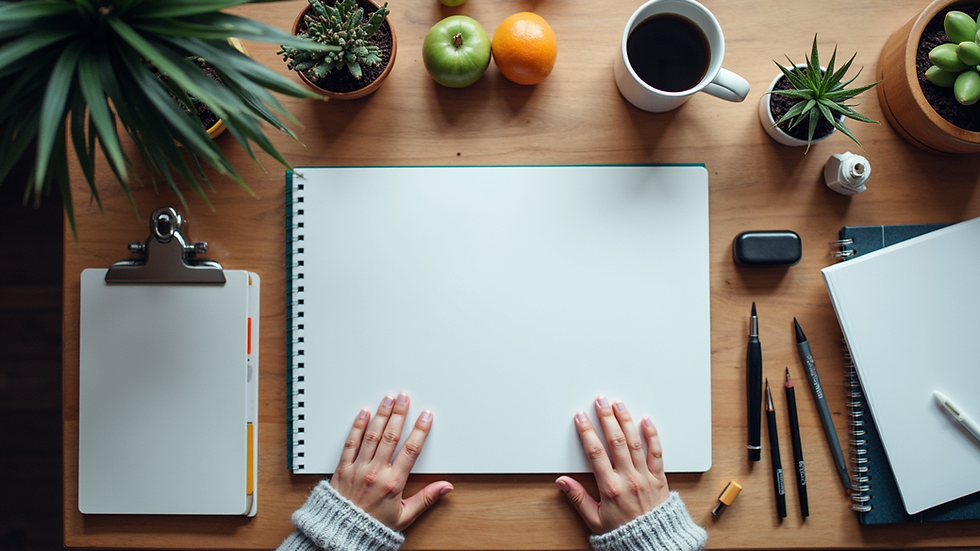 High angle view of a creative workspace with design tools