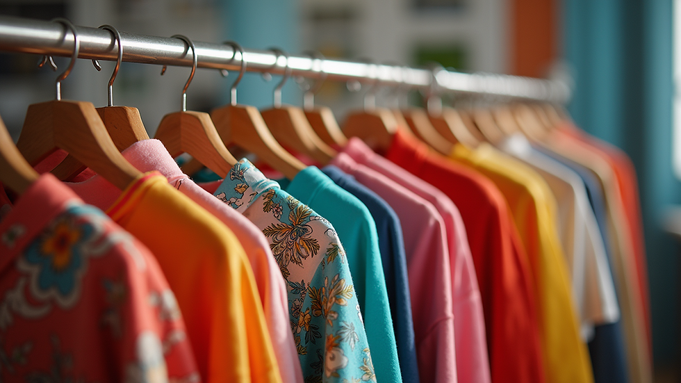 Eye-level view of a colorful clothing rack with unique designs