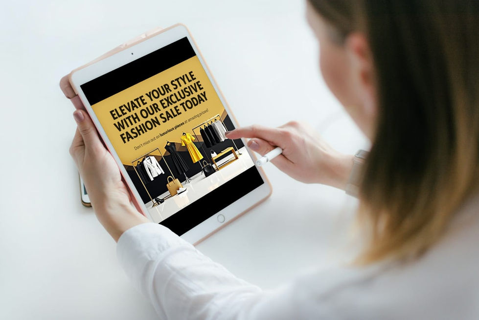 Woman viewing exclusive fashion sale on tablet