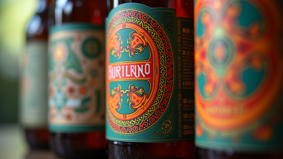 Close-up view of a craft beer label with intricate design
