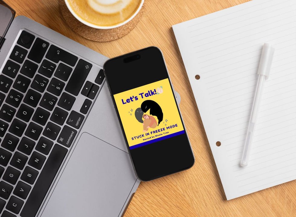 Phone displays "Let's Talk!" podcast artwork