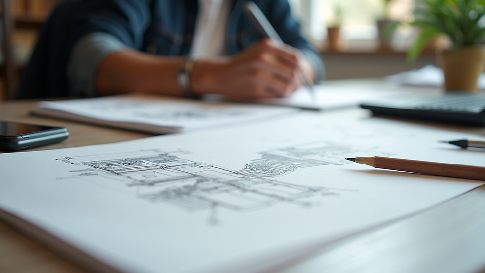 Close-up view of a designer's workspace with sketches and tools