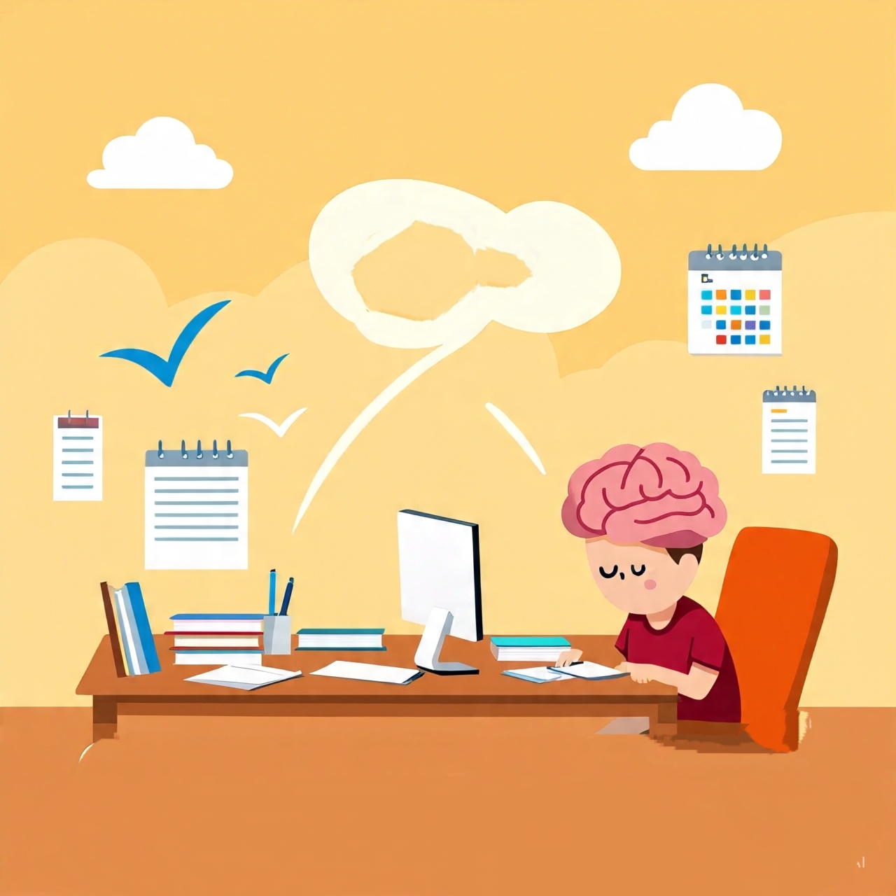 Person working at desk, brain uploading tasks to cloud