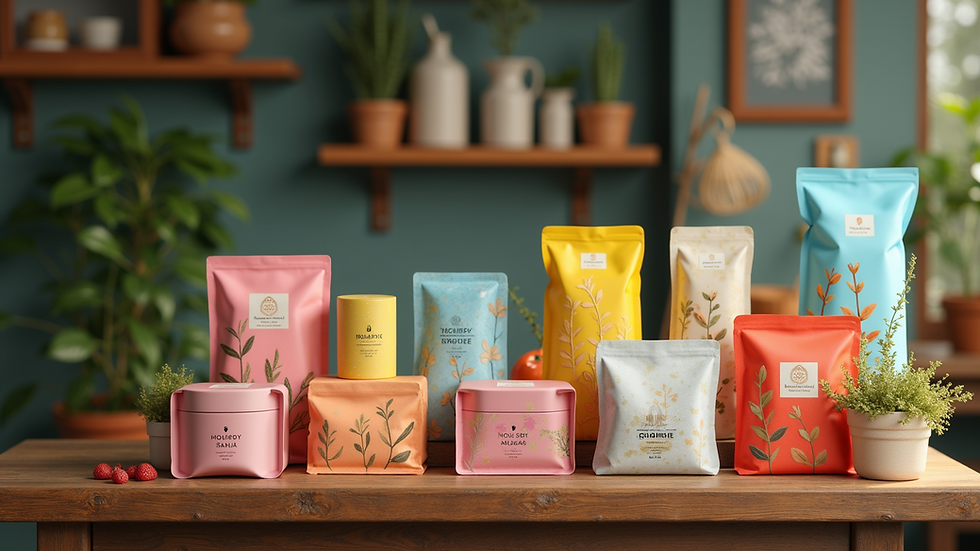 Eye-level view of colorful packaging designs on a wooden table