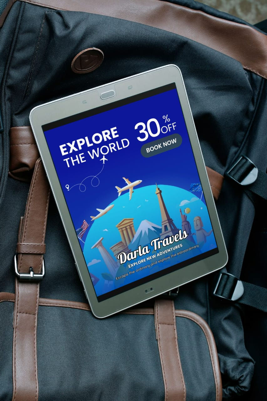 Tablet shows Darla Travels ad: Explore the World, 30% off, Book Now