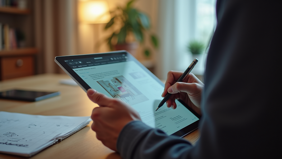 Close-up view of a designer working on a social media graphic on a tablet