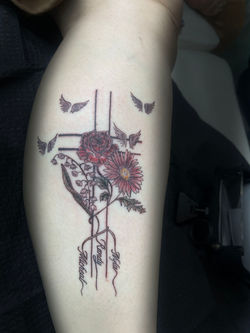 cross with birth flowers and memorial angel wings