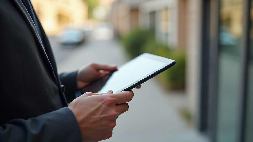 Close-up view of a landlord using a tablet to manage property maintenance tasks