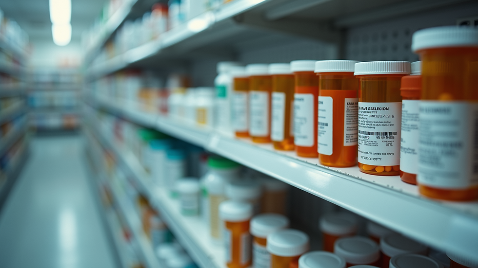 Eye-level view of a pharmacy shelf with various prescription medications