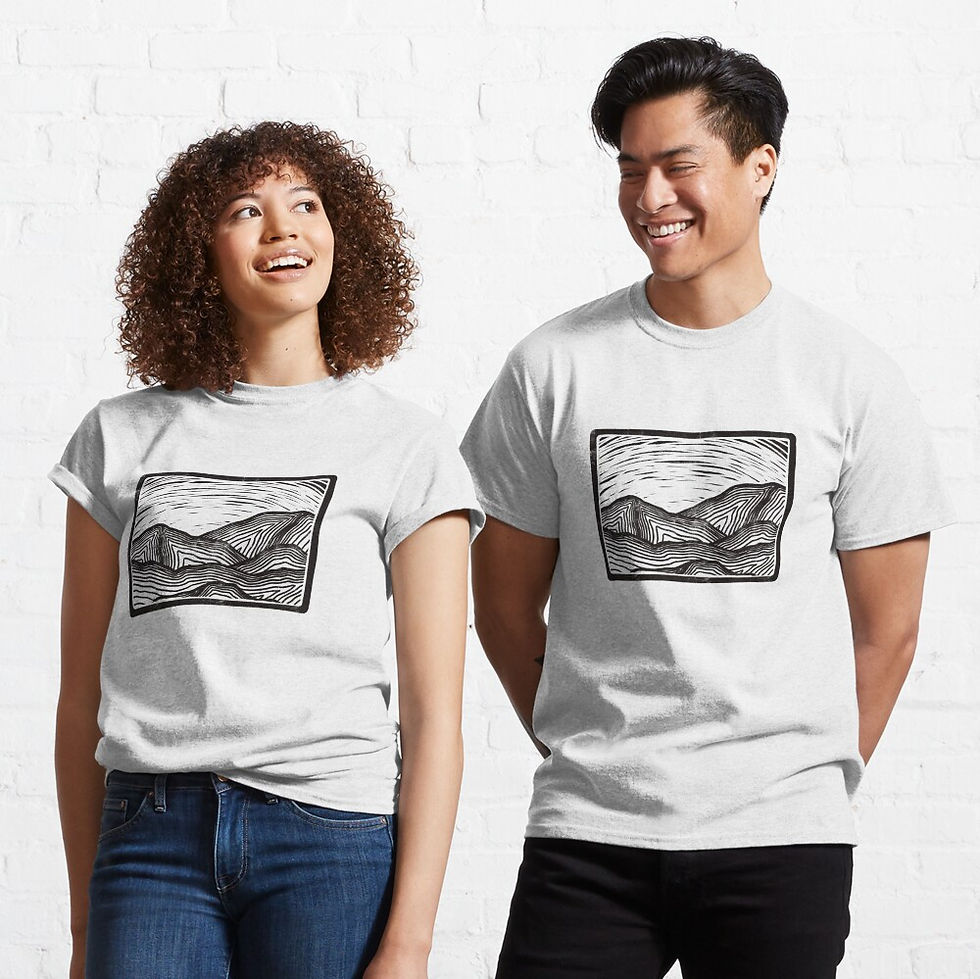 Thumbnail: male and female modeling mountain sunrise design on white tshirts