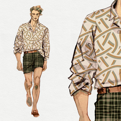 fashion sketch mockup with with green wavy plaid design on shorts