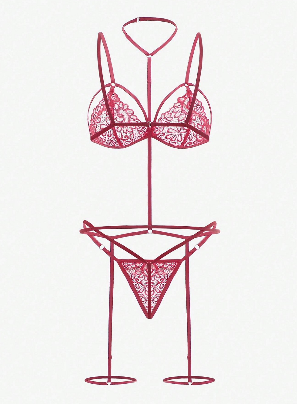 Thumbnail: Floral Lace Garter Lingerie Set With Choker