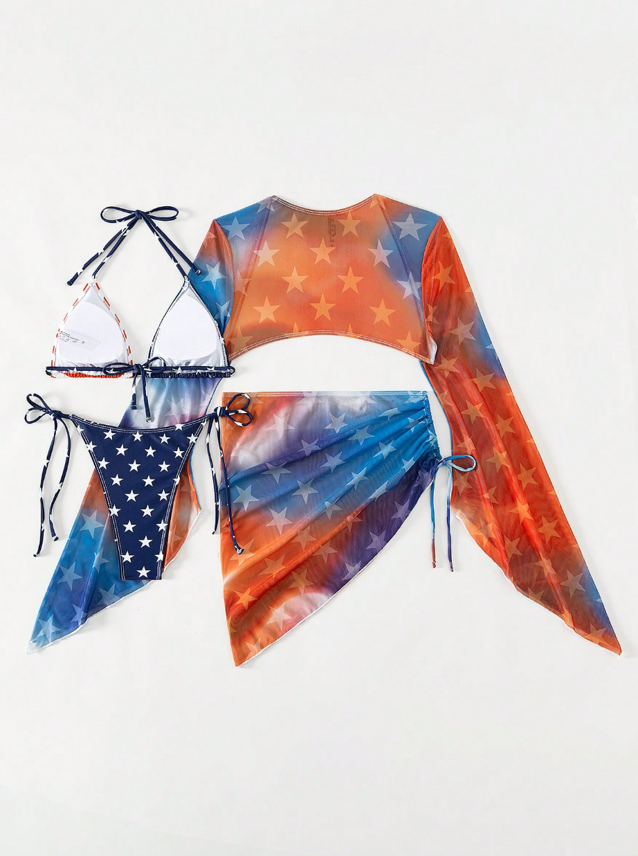 Thumbnail: Star & Striped Halter Triangle Bikini Set With Cover Up Set