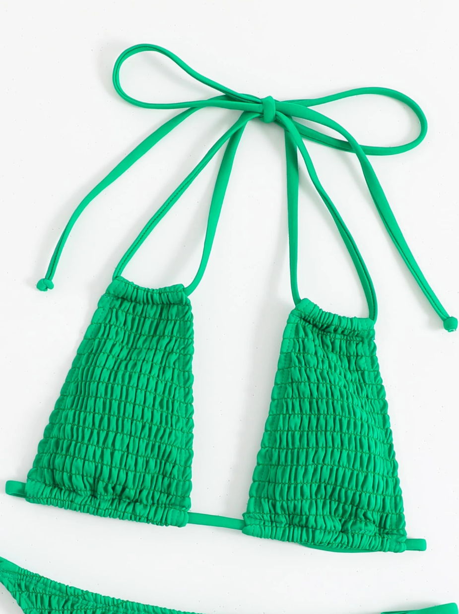 Thumbnail: Smocked Halter Triangle Summer Beach Bikini Set