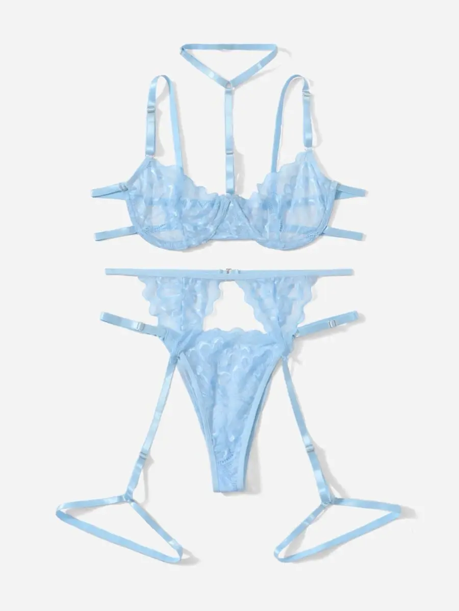 Thumbnail: Kawaii 3-Piece Fashion Minimalist Sheer Underwire Bra and Panty Set