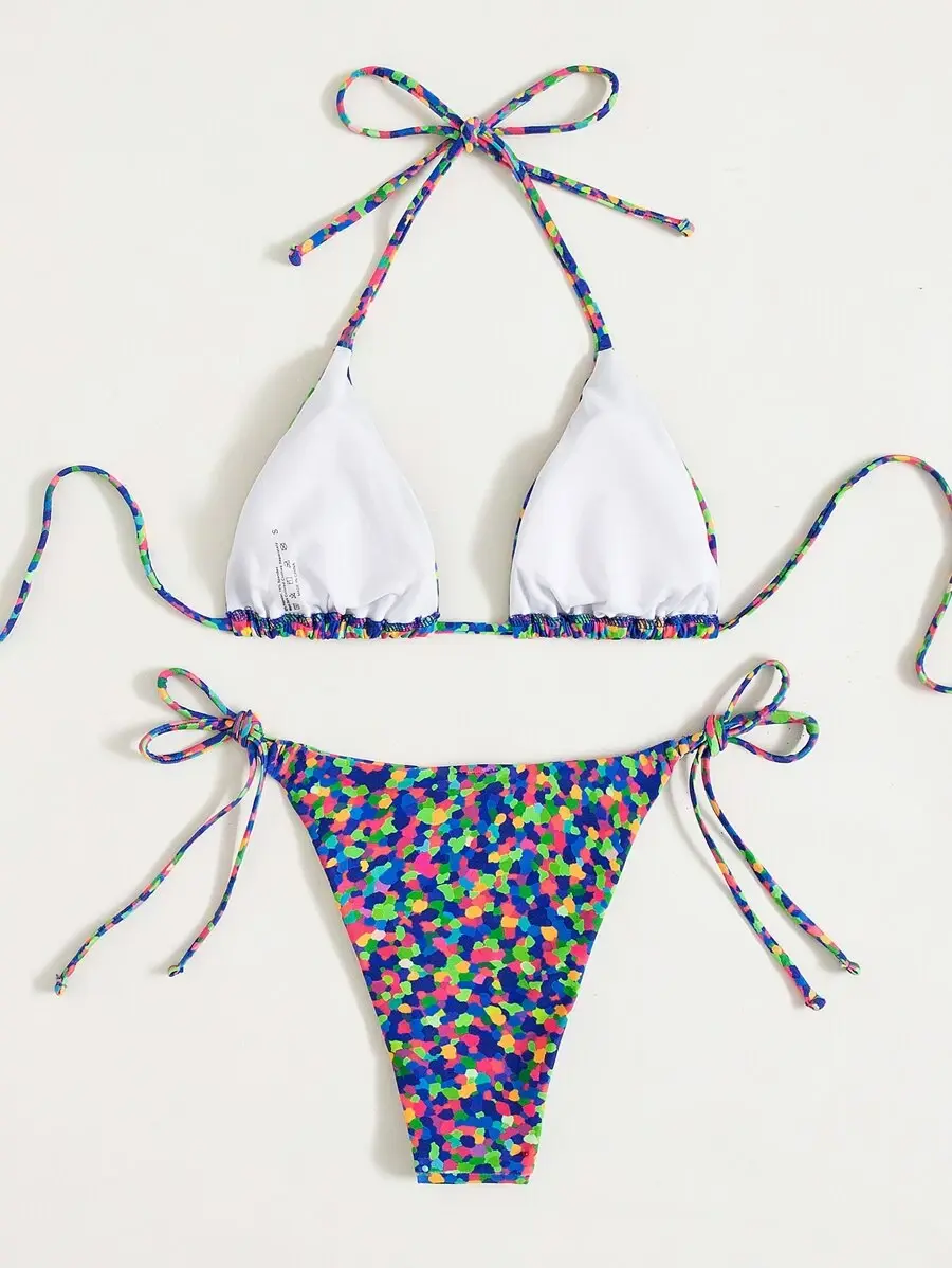 Thumbnail: Swim Allover Print Bikini Set Halter Micro Triangle Bra Top & Tie Side Bik