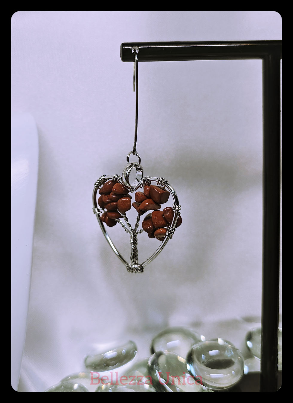 Thumbnail: Dangle Earrings: Heart Shaped Tree of Life with Natural Stone (Red Jasper)