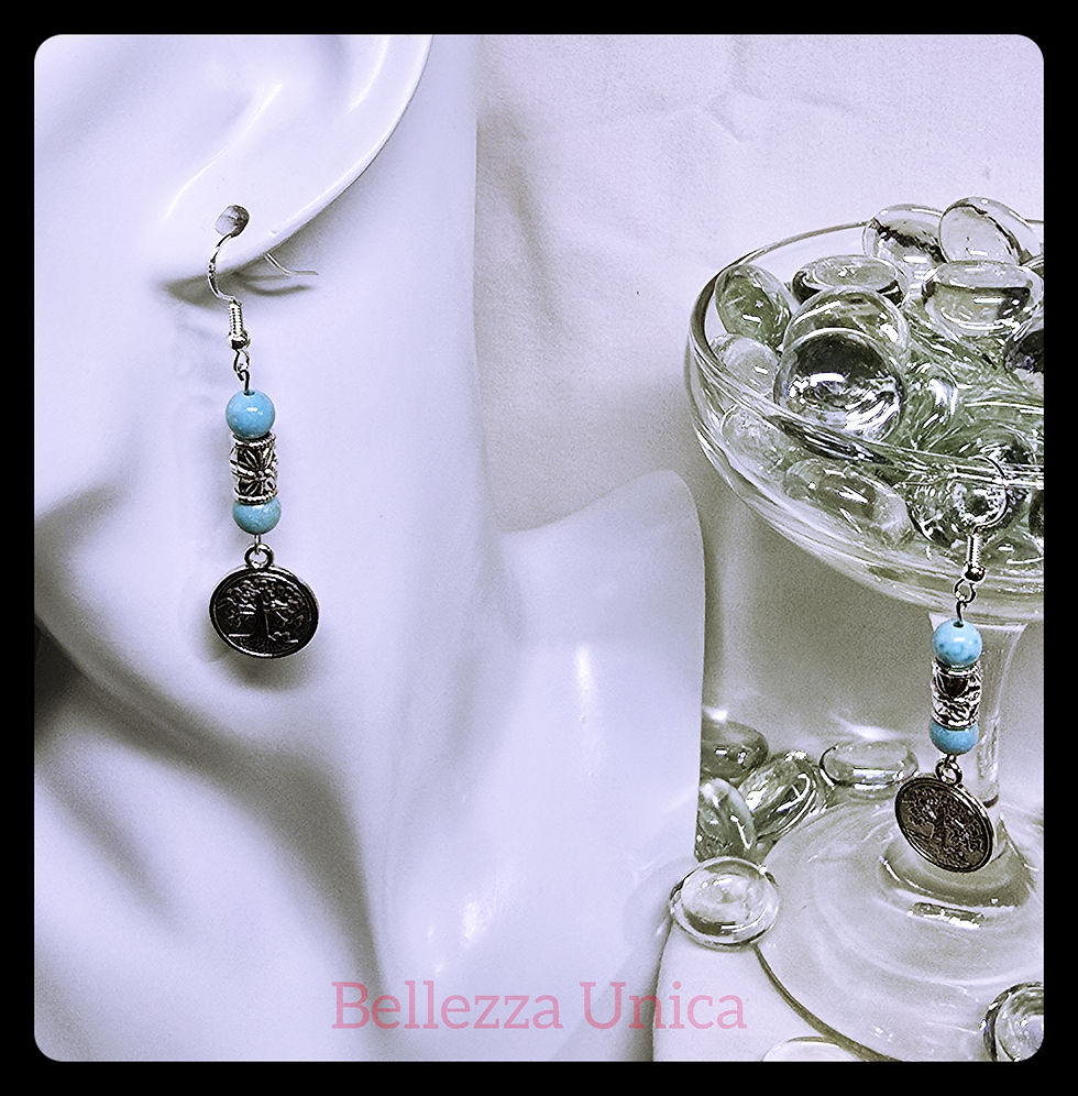 Thumbnail: Dangle Earrings with Natural Stone & Charm - Tree of Life (Blue Turquoise)