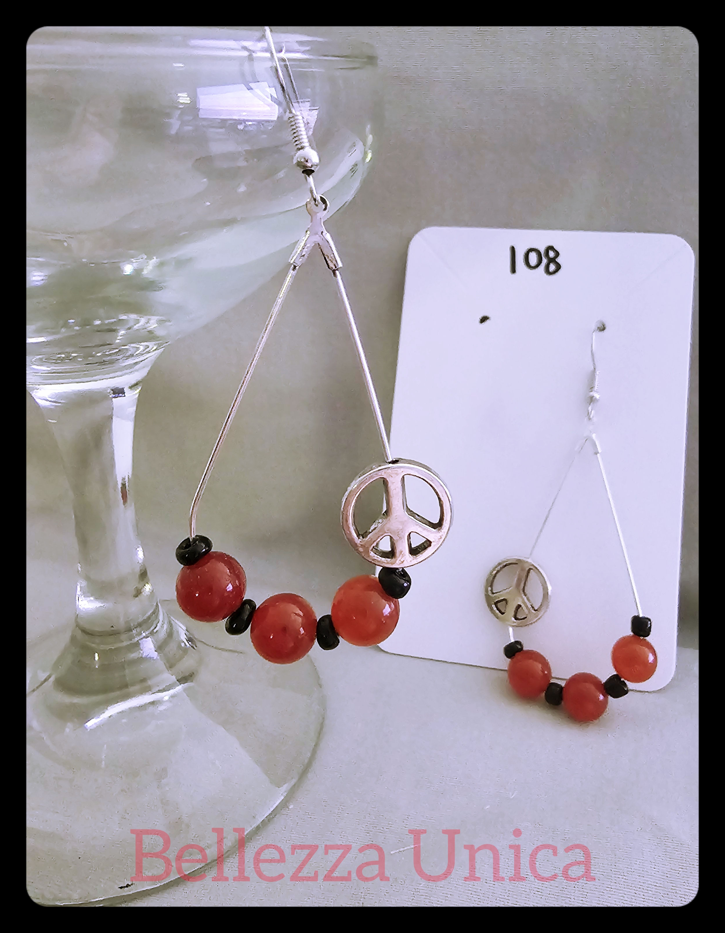 Tear Drop Earrings with Natural Stone & Charm - Peace (Red Agate)