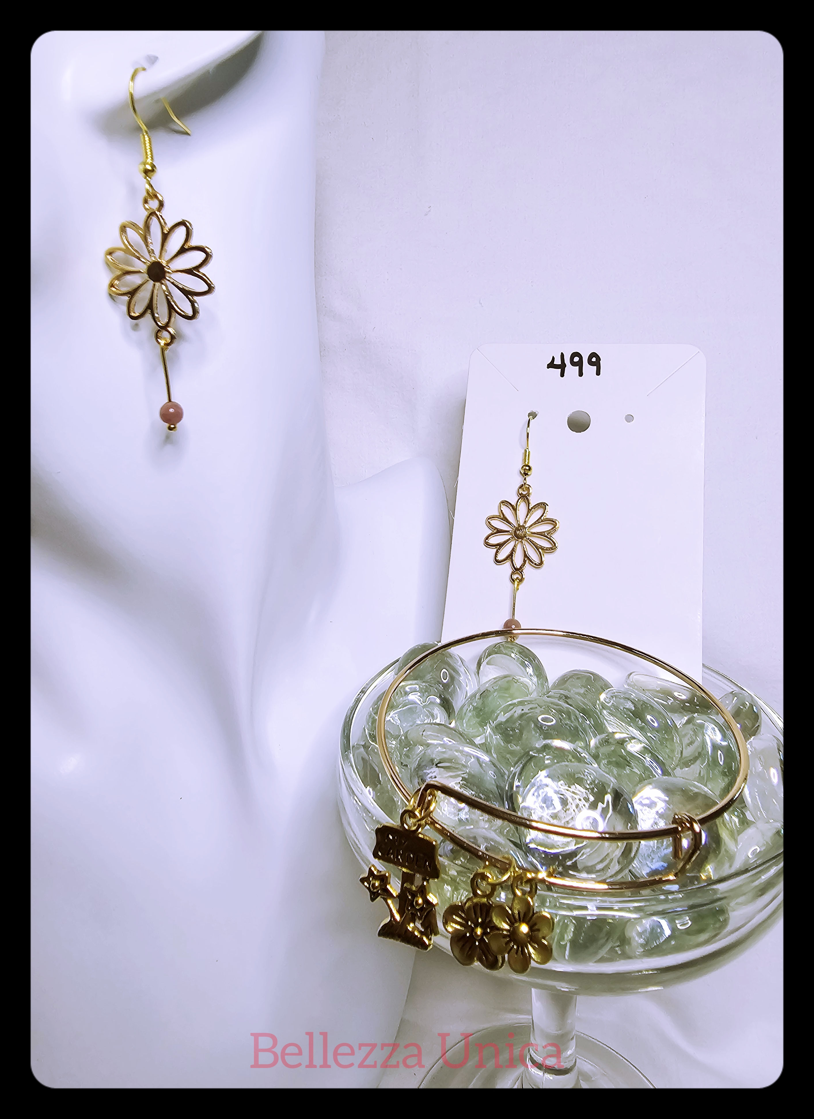 Earrings & Bracelet: Flowers & Natural Stone