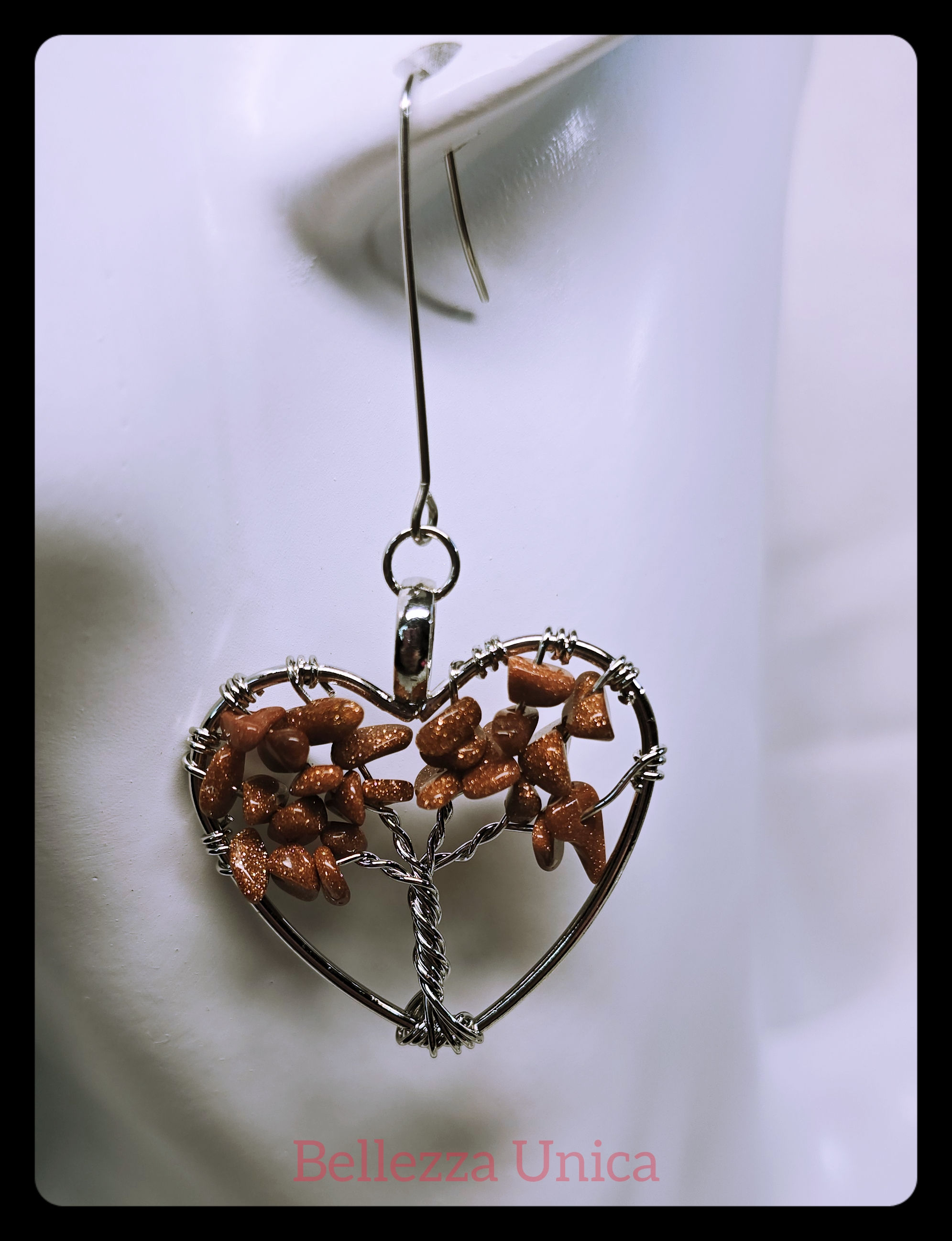 Dangle Earrings: Heart Shaped Tree of Life with Natural Stone (Golden Sandstone)