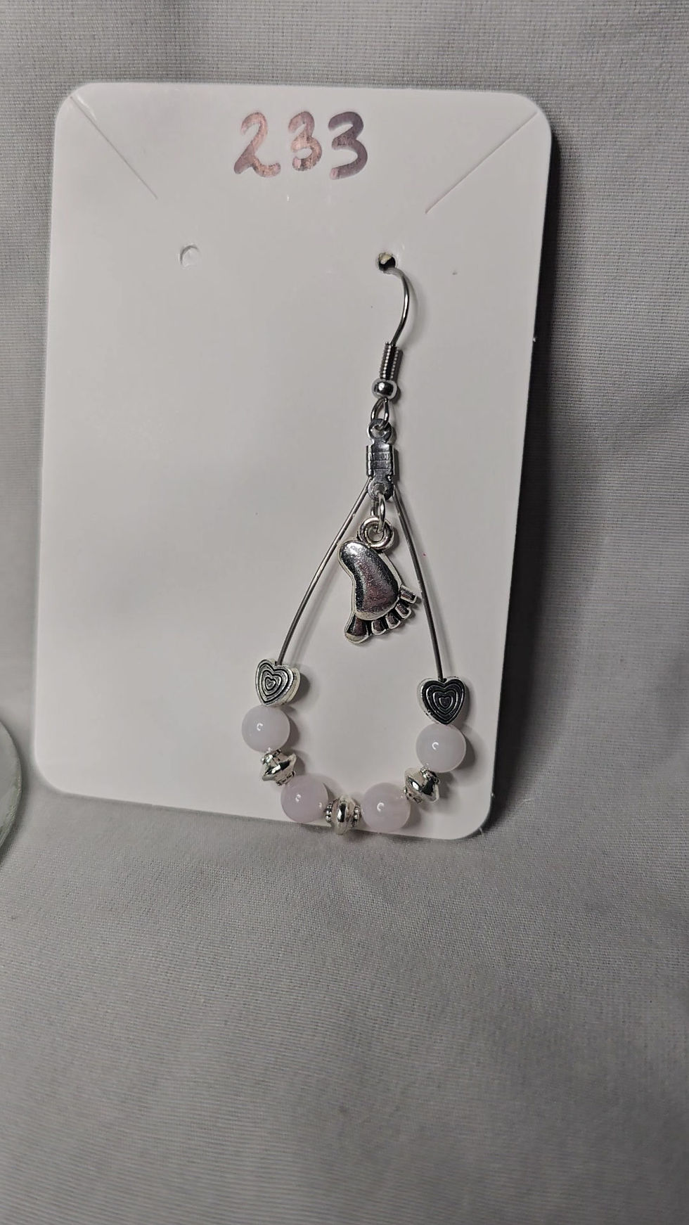Thumbnail: Tear Drop Earrings with Natural Stone & Charm - Baby Foot (Pink Quartz)