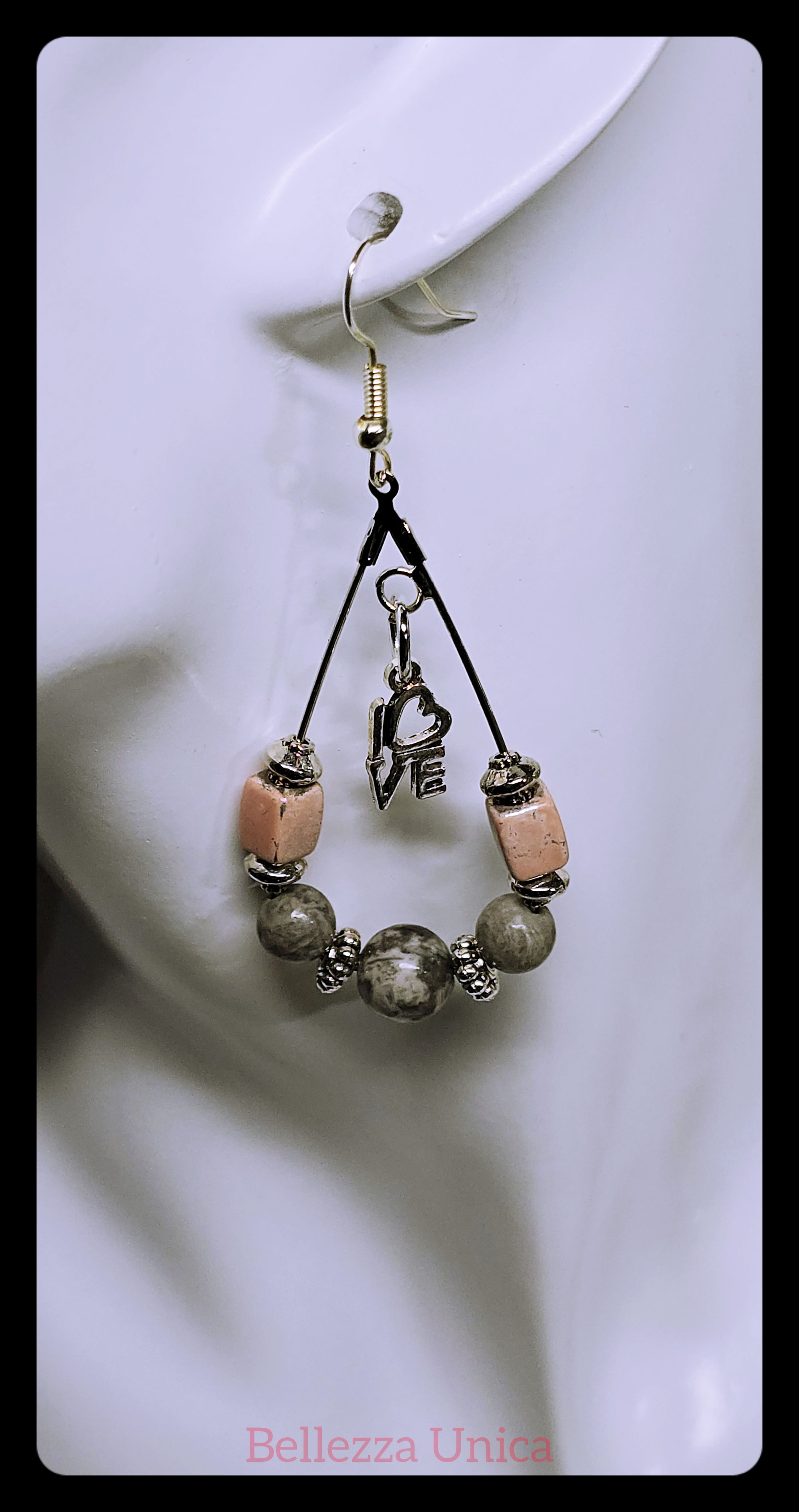 Tear Drop Earrings with Natural Stone & Charm - Love (Map Stone)