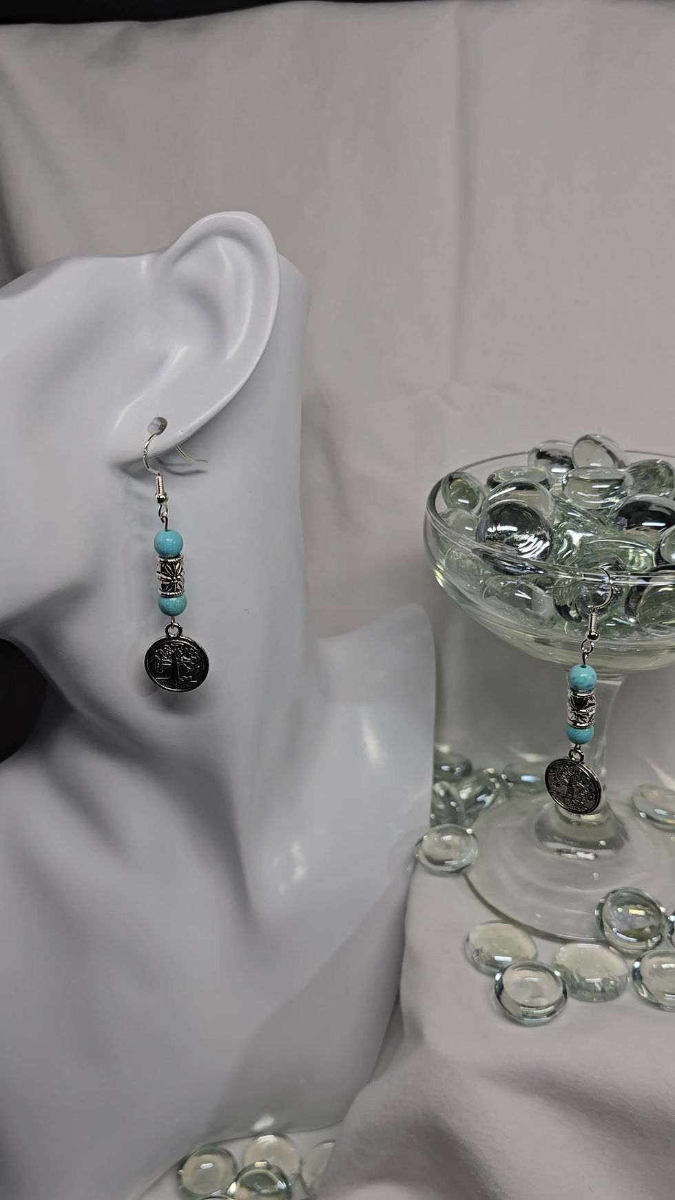 Thumbnail: Dangle Earrings with Natural Stone & Charm - Tree of Life (Blue Turquoise)