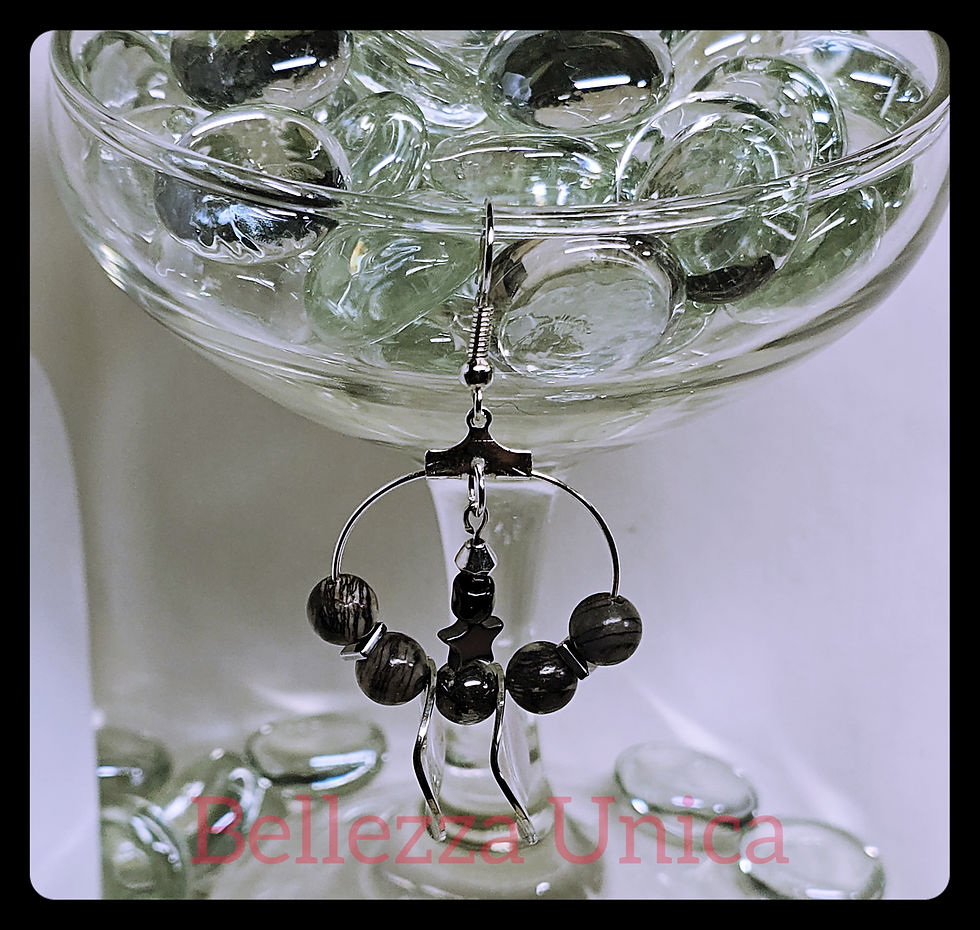 Thumbnail: Hoop Earrings with Natural Stone & Charm - Star (Black Network, Hematite)