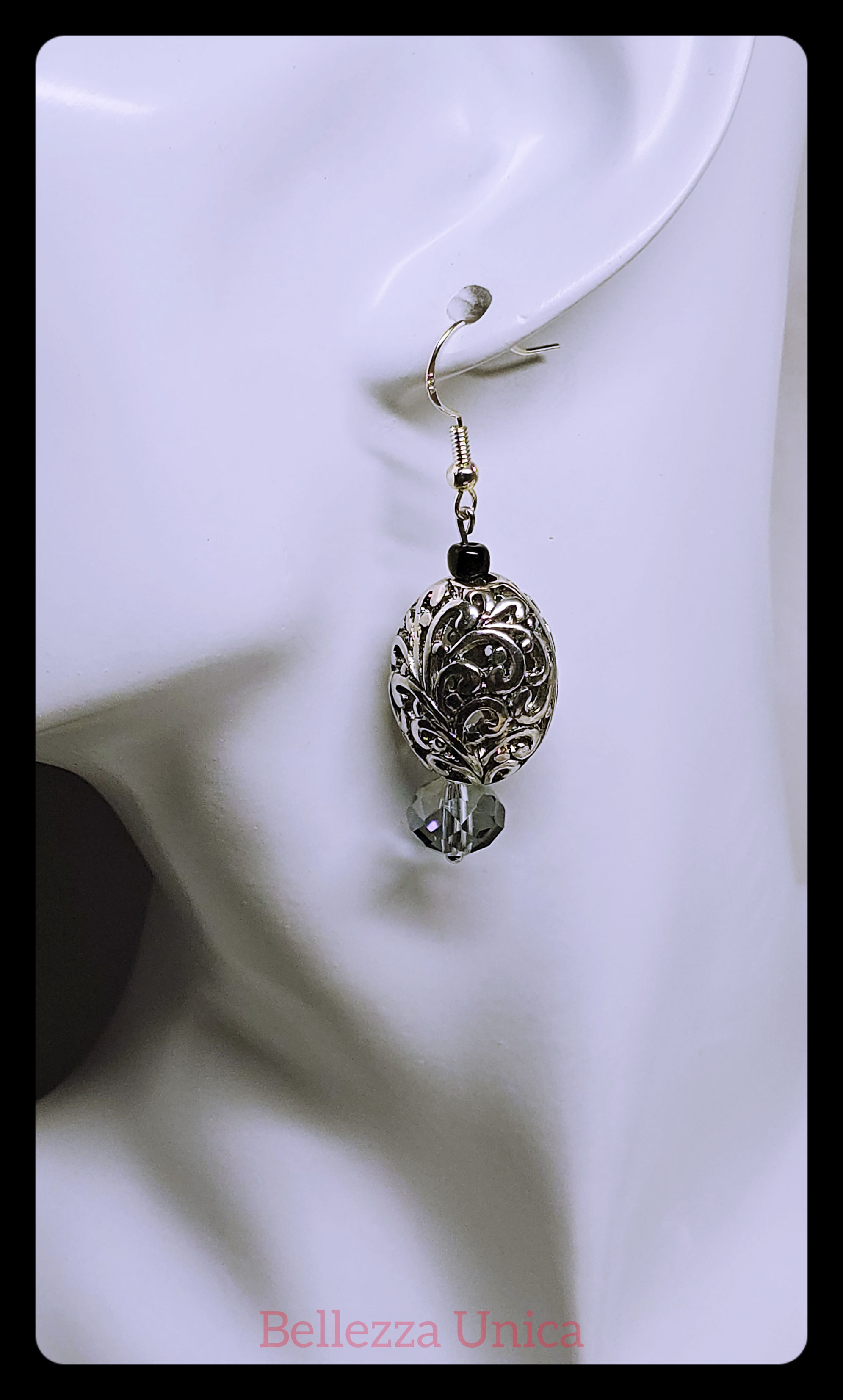 Dangle Earrings - Pewter Oval Filigree Puff Bead