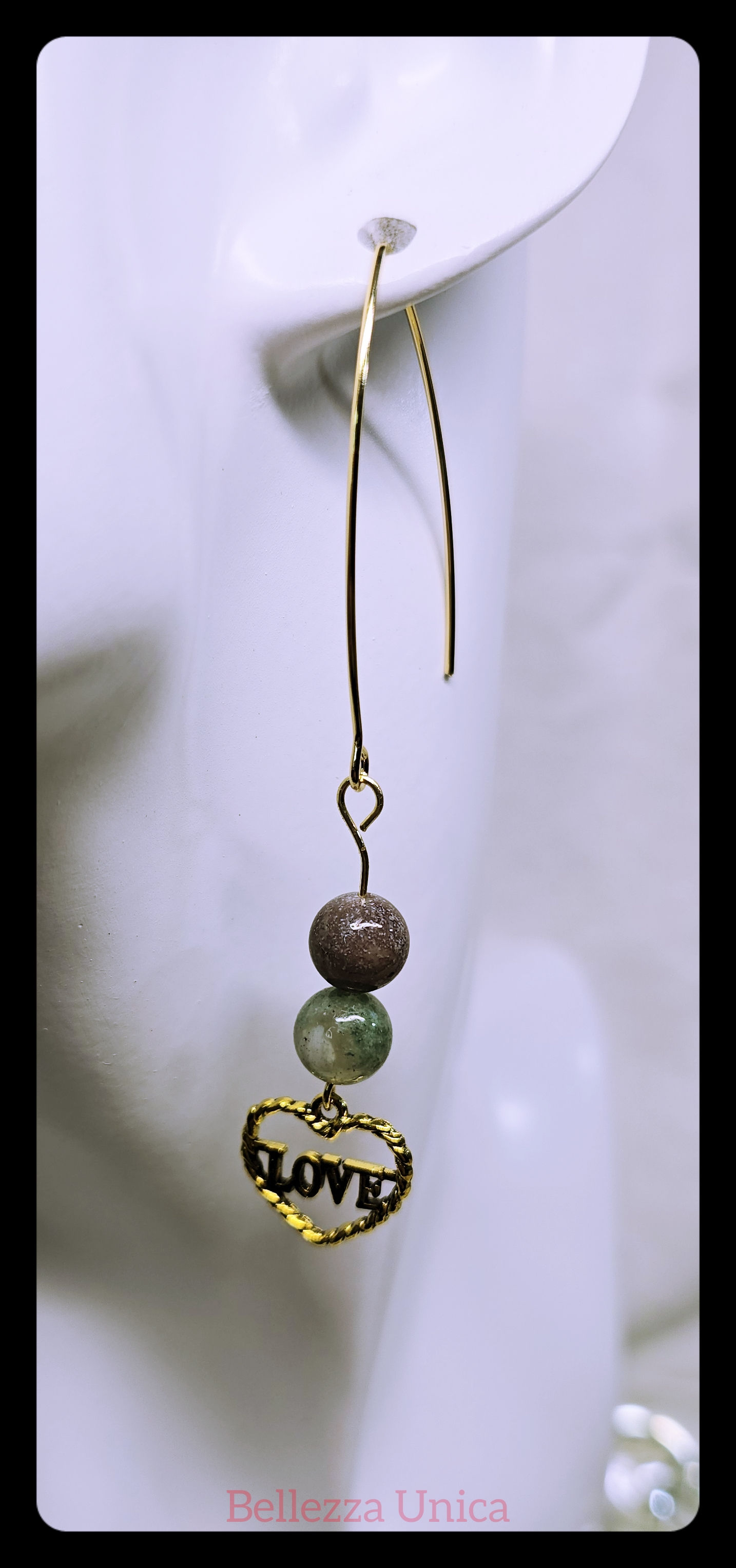 Dangle Earrings with Natural Stone & Charm - "Love" (Indian Agate)