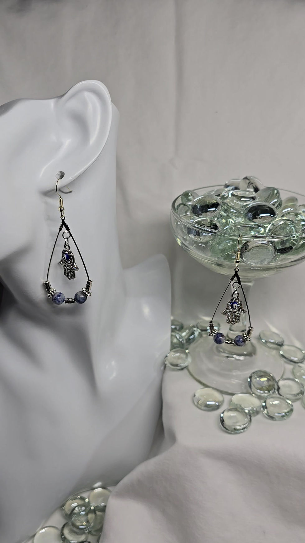 Thumbnail: Tear Drop Earrings with Natural Stone & Charm - Hamsa (Blue White Dot)