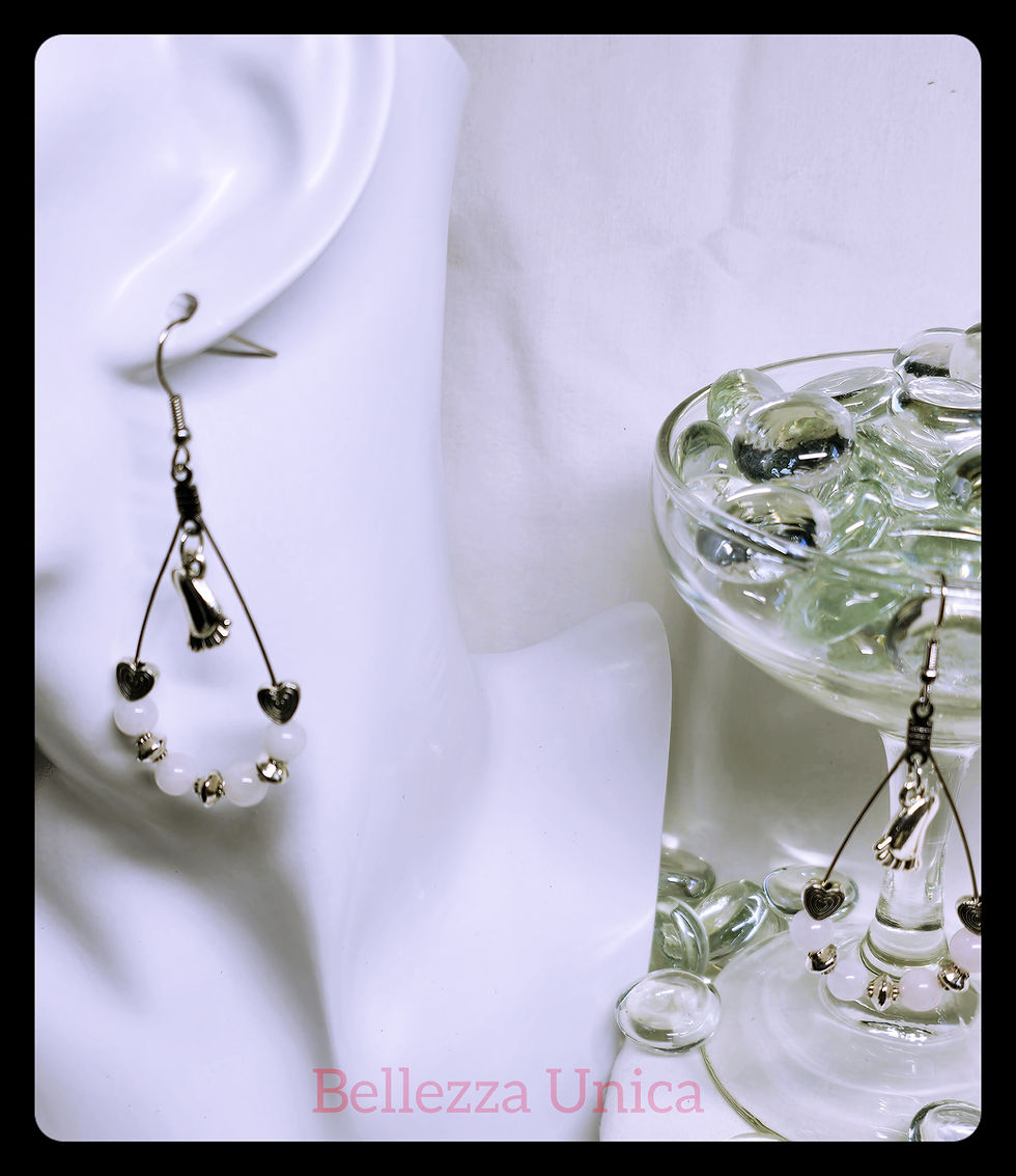 Thumbnail: Tear Drop Earrings with Natural Stone & Charm - Baby Foot (Pink Quartz)